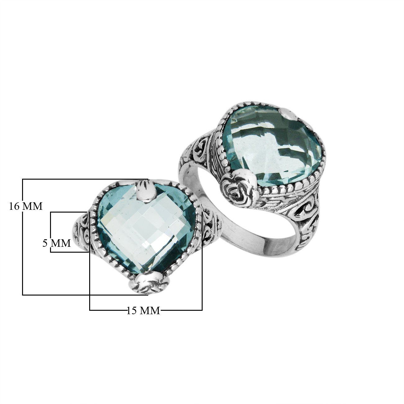 Sterling silver handcrafted Blue Topaz Quartz heart statement ring with Balinese detailing