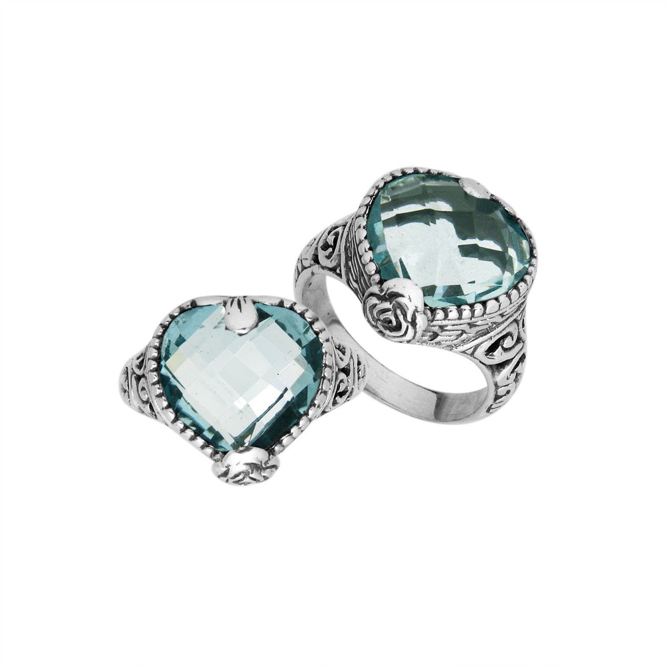 Sterling silver handcrafted Blue Topaz Quartz heart statement ring with Balinese detailing