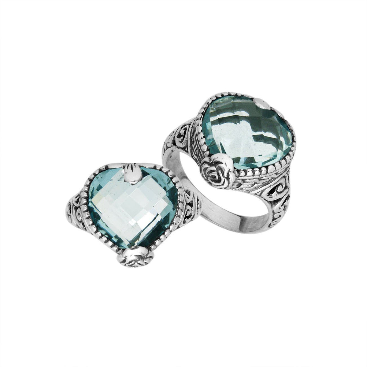 Sterling silver handcrafted Blue Topaz Quartz heart statement ring with Balinese detailing