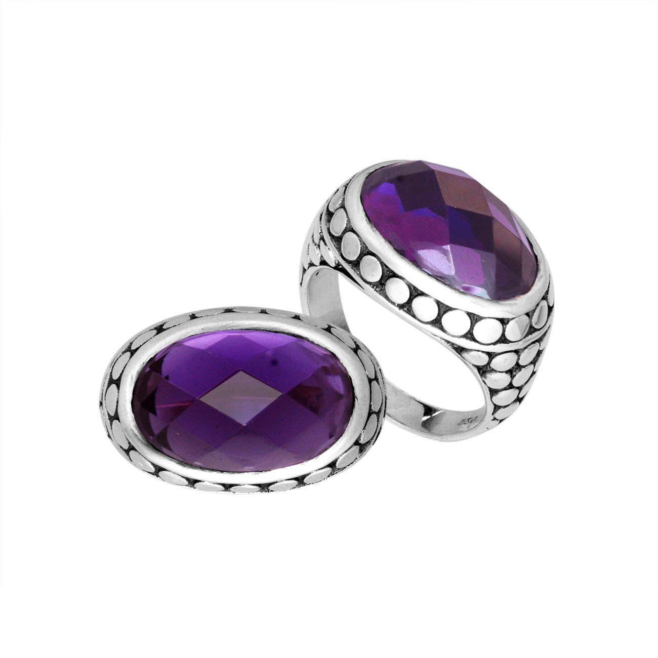 Sterling Silver faceted oval Amethyst Quartz ring with Balinese dotted bezel, handcrafted in Bali