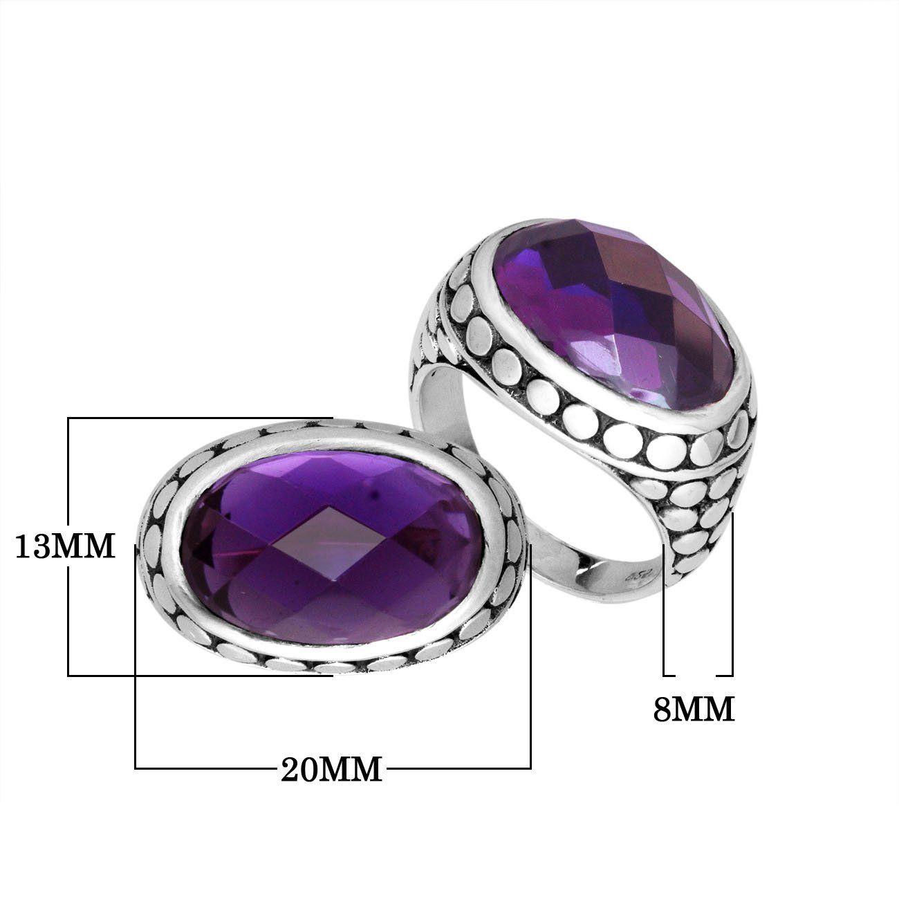Sterling Silver faceted oval Amethyst Quartz ring with Balinese dotted bezel, handcrafted in Bali