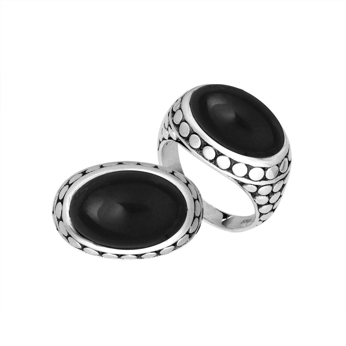 925 Sterling Silver Black Onyx oval ring with dotted Balinese bezel, handcrafted in Bali