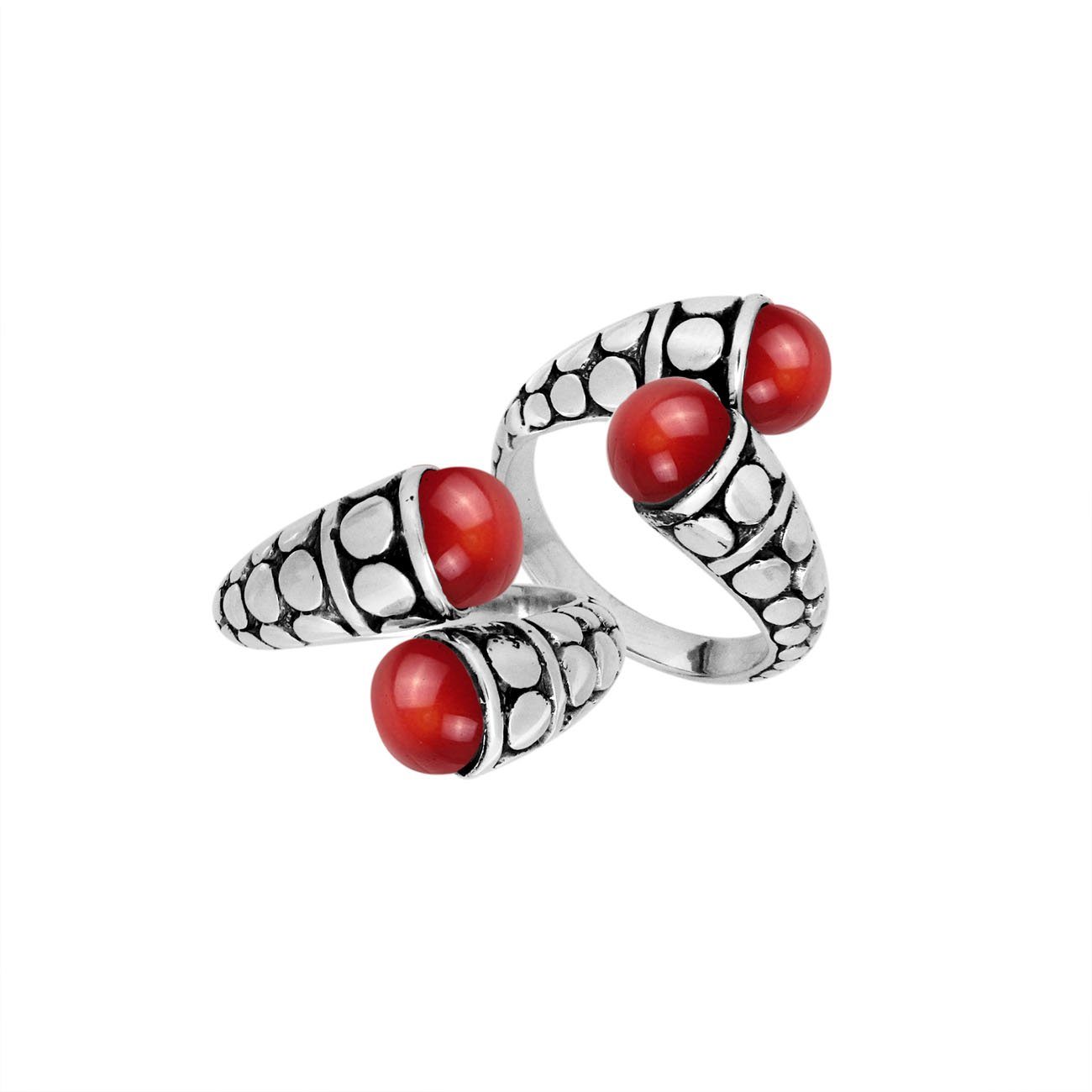 Sterling Silver Red Coral double cabochon split band ring with dotted Balinese design