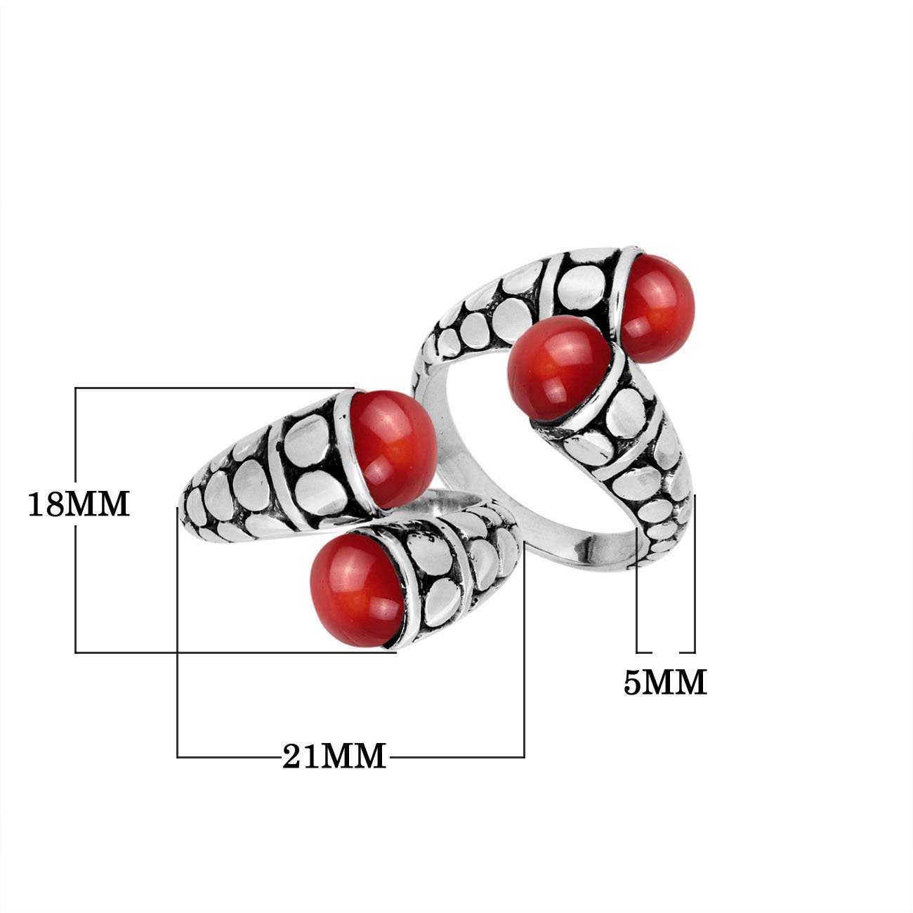 Sterling Silver Red Coral double cabochon split band ring with dotted Balinese design