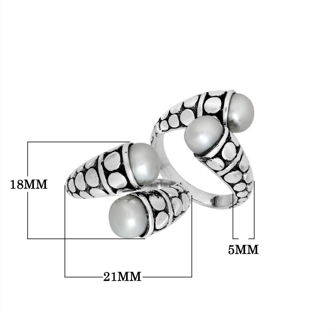 Sterling Silver White Pearl double cabochon split ring with dotted Balinese silverwork