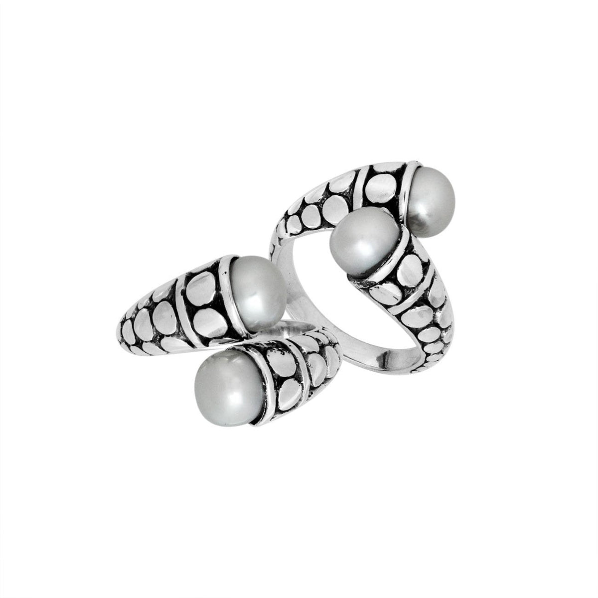 Sterling Silver White Pearl double cabochon split ring with dotted Balinese silverwork