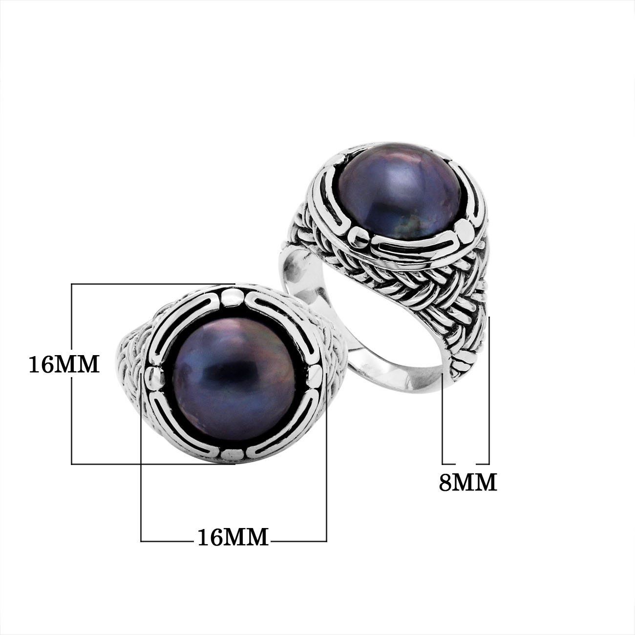 Sterling Silver Round Shape Ring With Gray Pearl cabochon ring with woven Balinese silver band, handcrafted in Bali