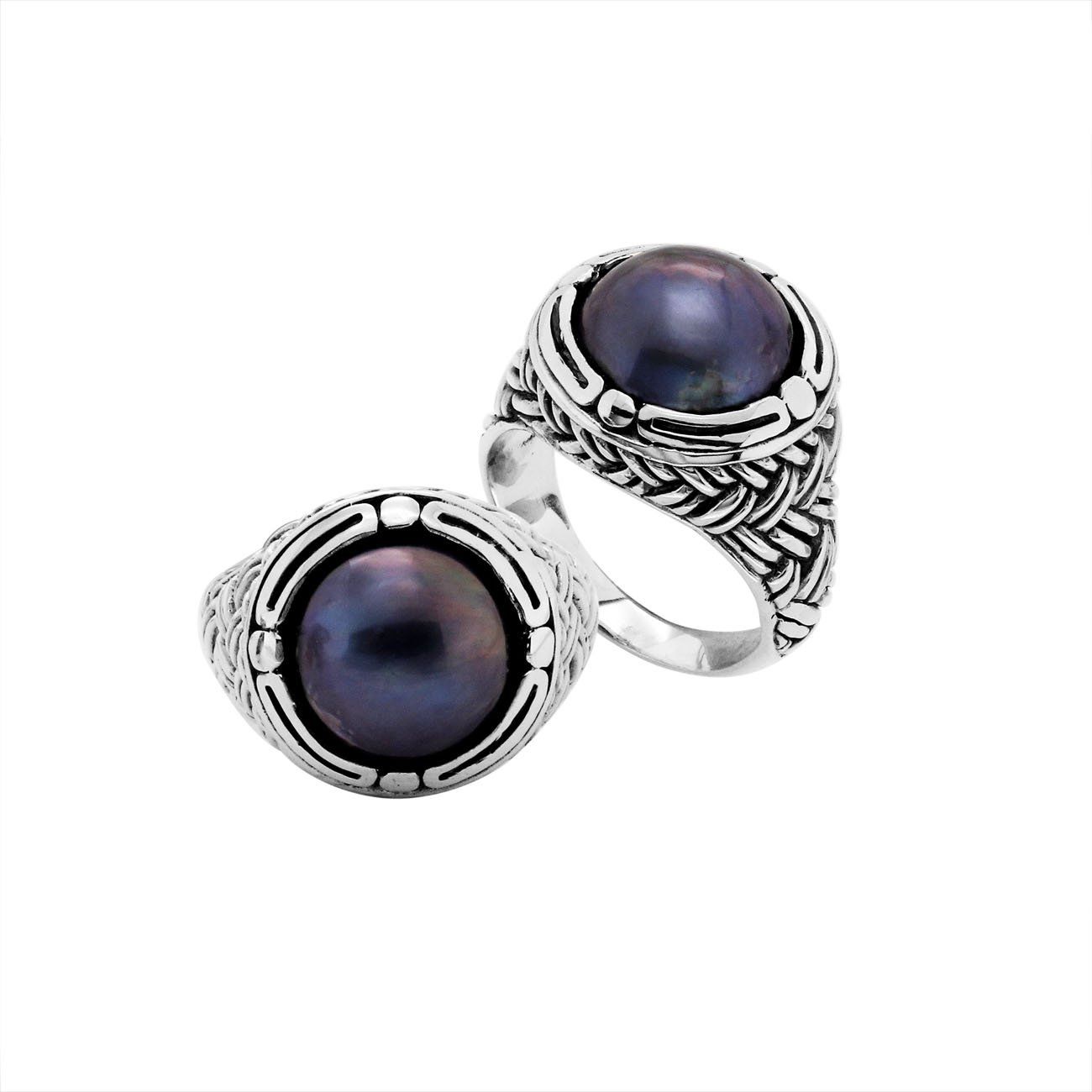Sterling Silver Round Shape Ring With Gray Pearl cabochon ring with woven Balinese silver band, handcrafted in Bali