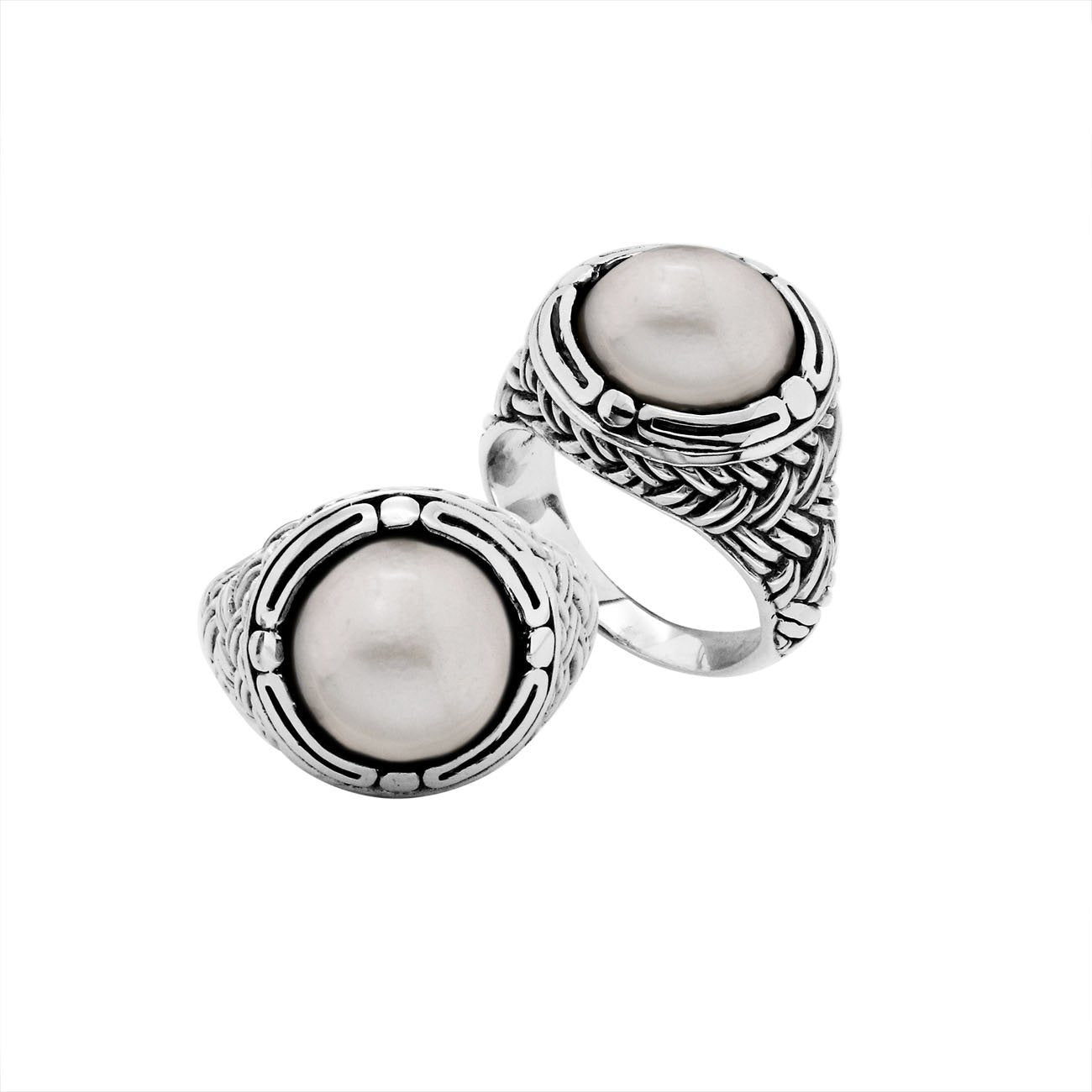 Sterling Silver Mabe Pearl cabochon woven band ring with Balinese silverwork, handcrafted in Bali