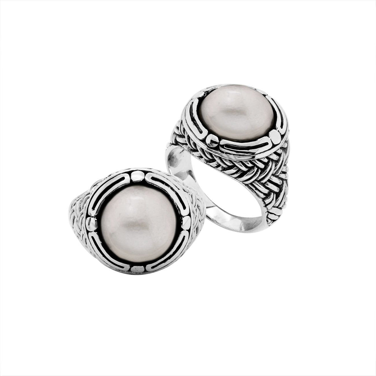 Sterling Silver Mabe Pearl cabochon woven band ring with Balinese silverwork, handcrafted in Bali
