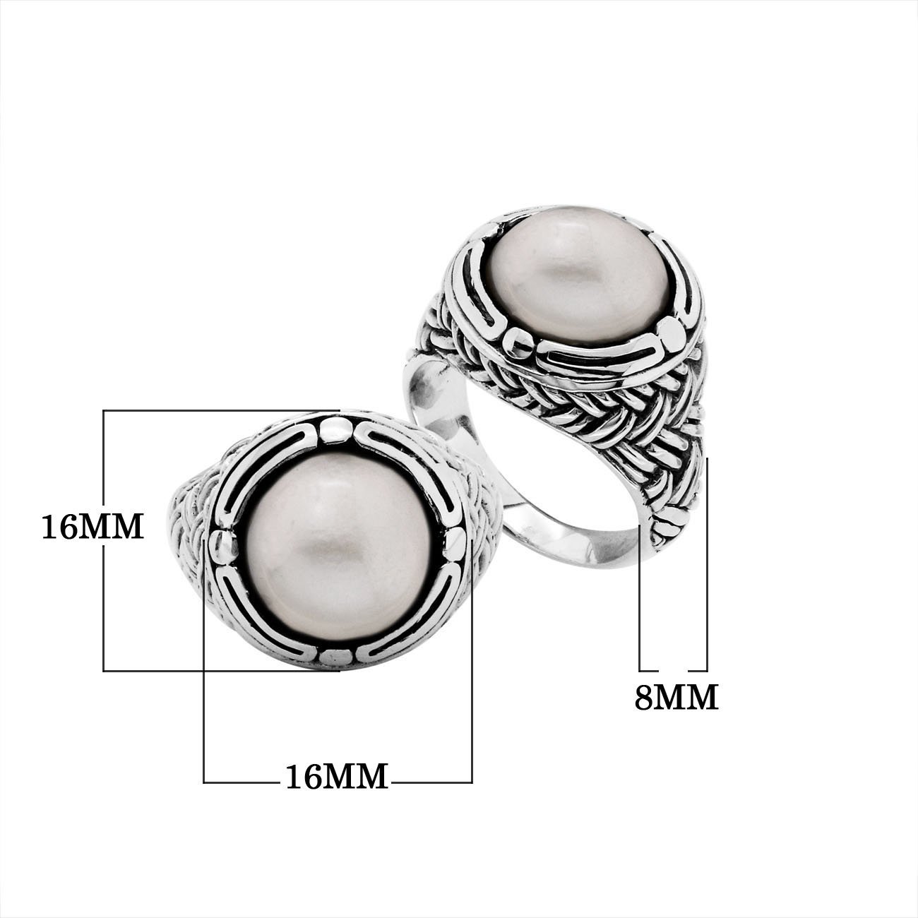 Sterling Silver Mabe Pearl cabochon woven band ring with Balinese silverwork, handcrafted in Bali