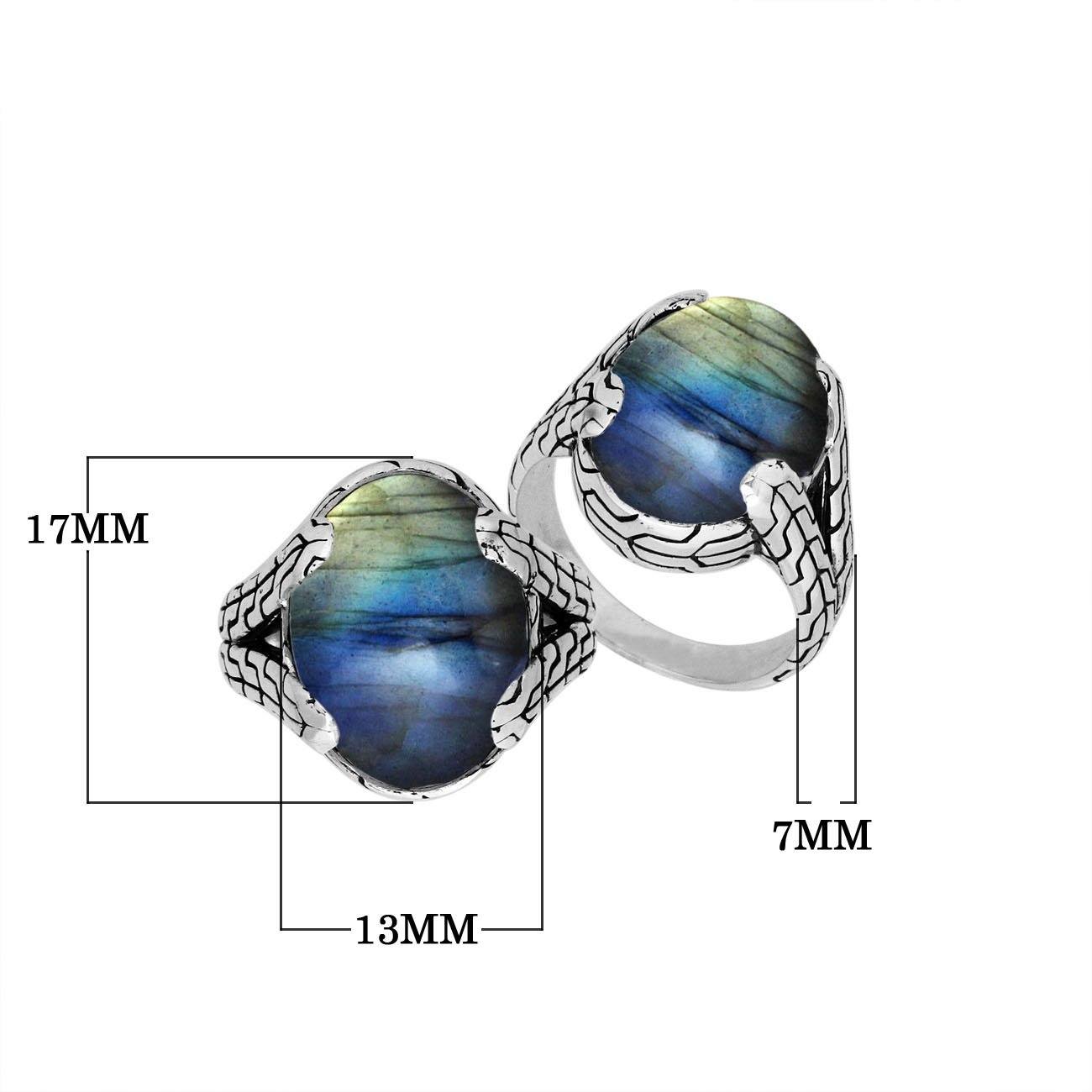 Sterling Silver oval Labradorite cabochon ring with Balinese engraved silver band, handcrafted in Bali