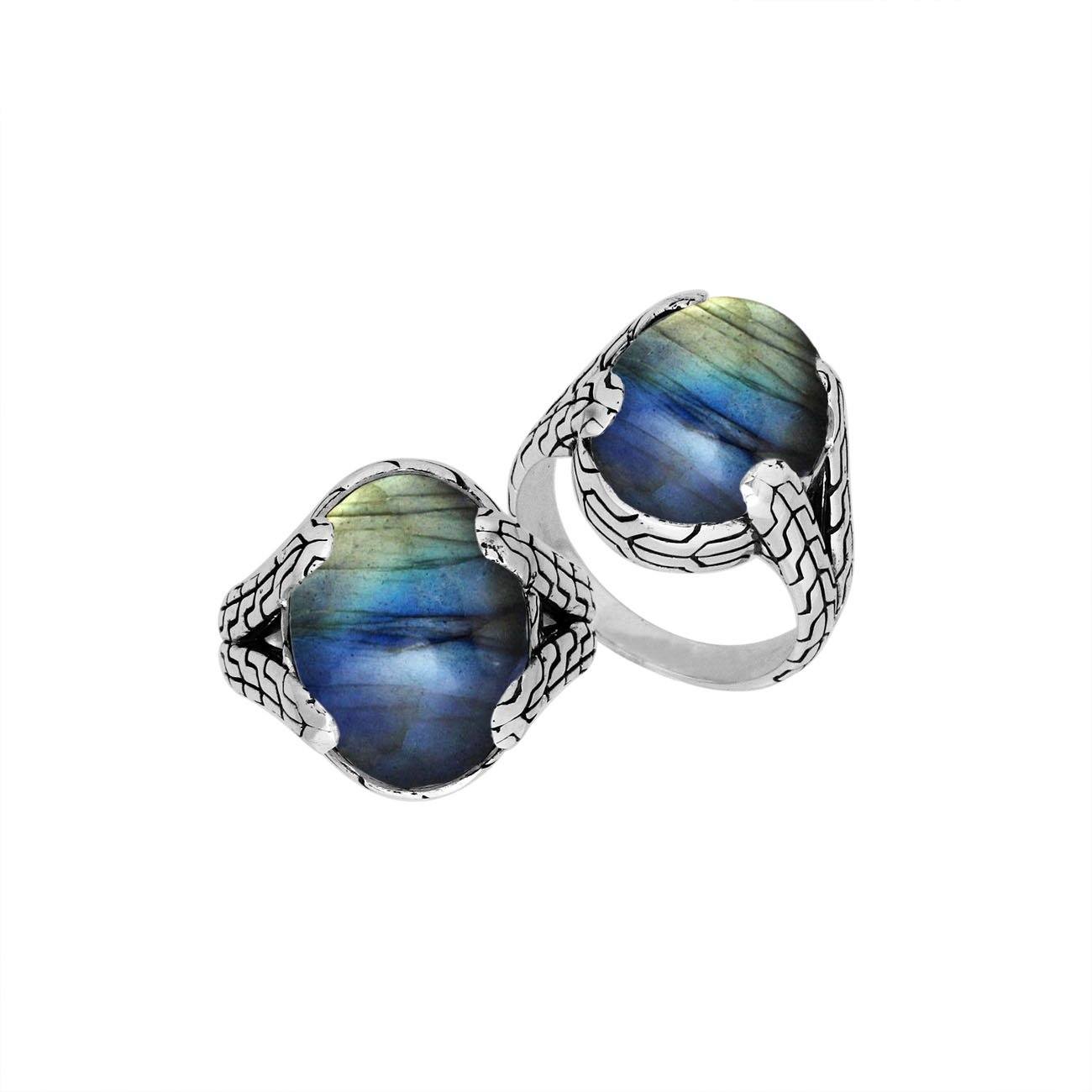 Sterling Silver oval Labradorite cabochon ring with Balinese engraved silver band, handcrafted in Bali