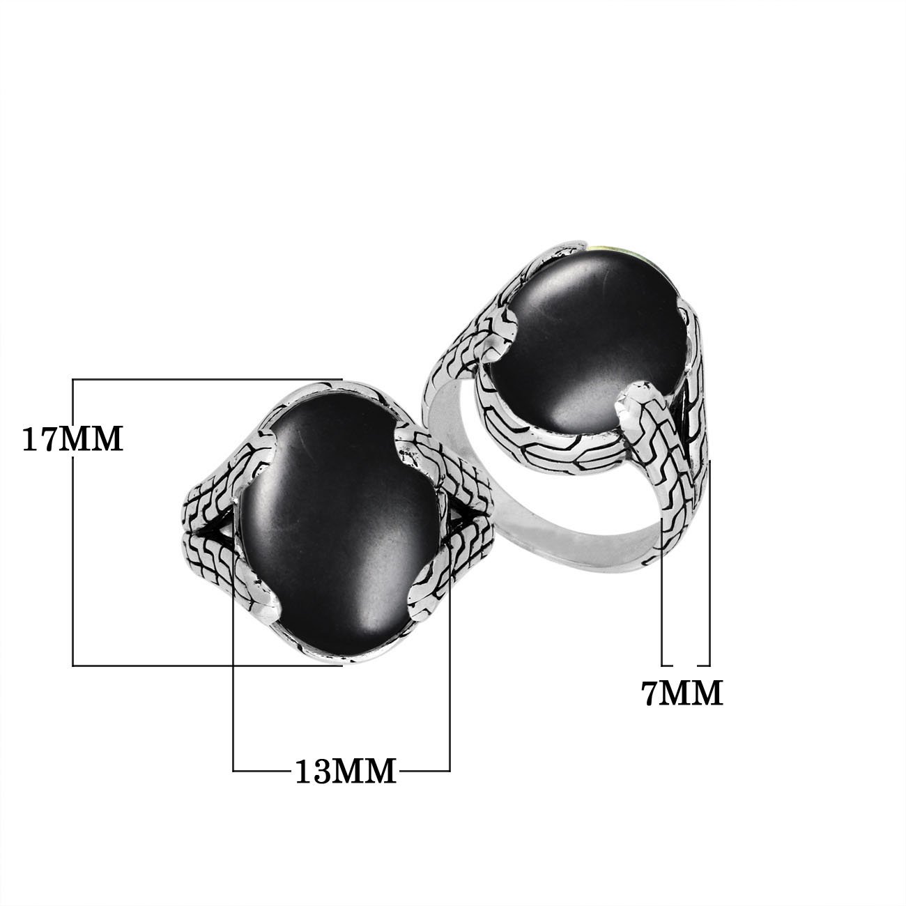 Sterling Silver oval Black Onyx cabochon ring with Balinese engraved silver band, handcrafted in Bali