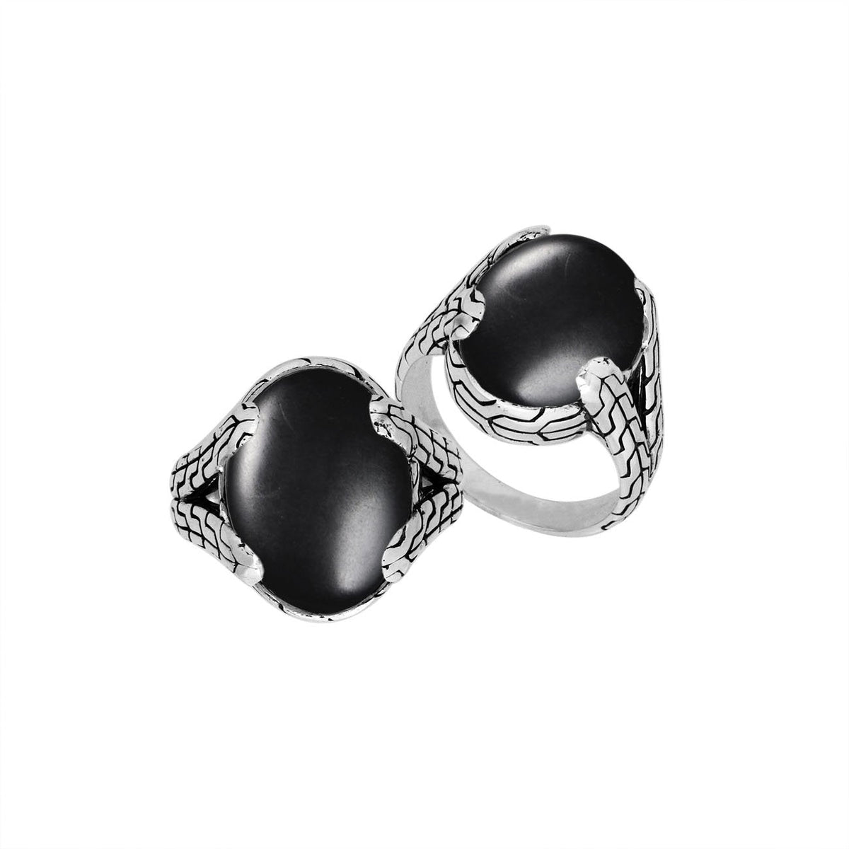 Sterling Silver oval Black Onyx cabochon ring with Balinese engraved silver band, handcrafted in Bali