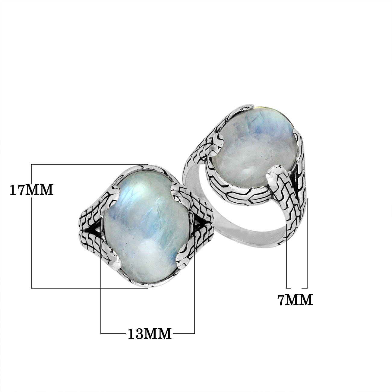 Sterling Silver oval Rainbow Moonstone cabochon ring with Balinese engraved silver band, handcrafted in Bali