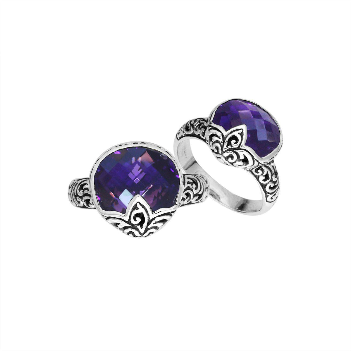Sterling Silver Amethyst Quartz faceted women’s ring with polished handcrafted silver band