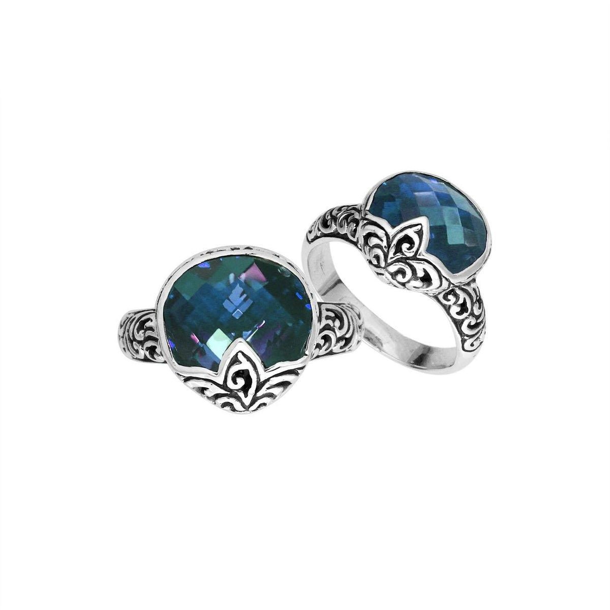 Sterling Silver London Blue Topaz Quartz faceted women’s ring with Balinese swirl detailing, handcrafted in Bali
