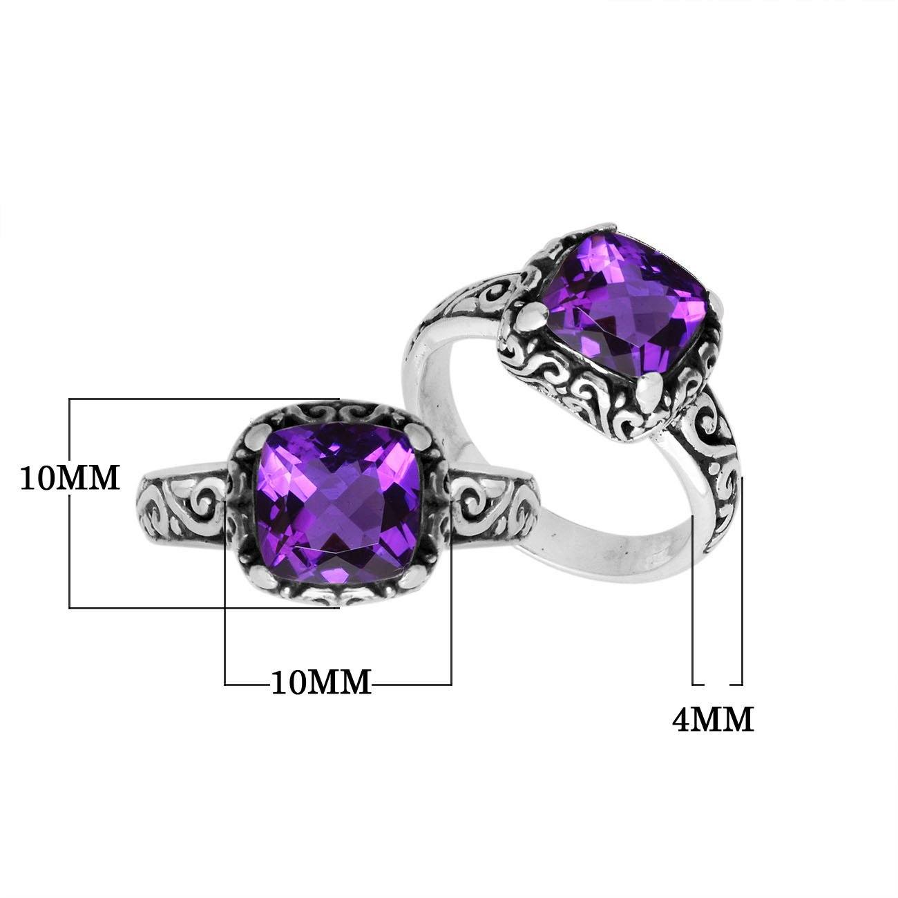 Sterling Silver cushion-cut Amethyst Quartz faceted women’s ring with Balinese scroll detailing