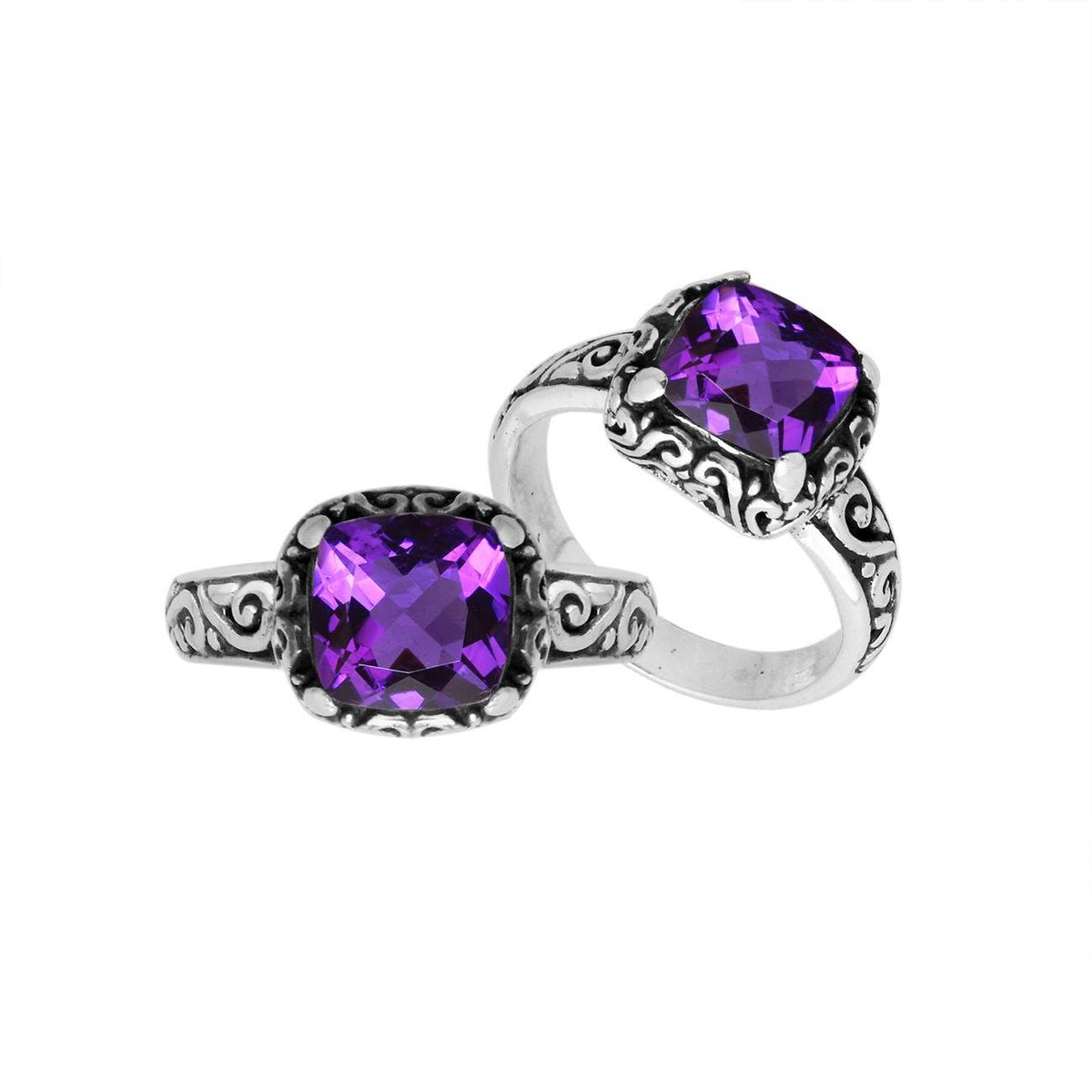 Sterling Silver cushion-cut Amethyst Quartz faceted women’s ring with Balinese scroll detailing