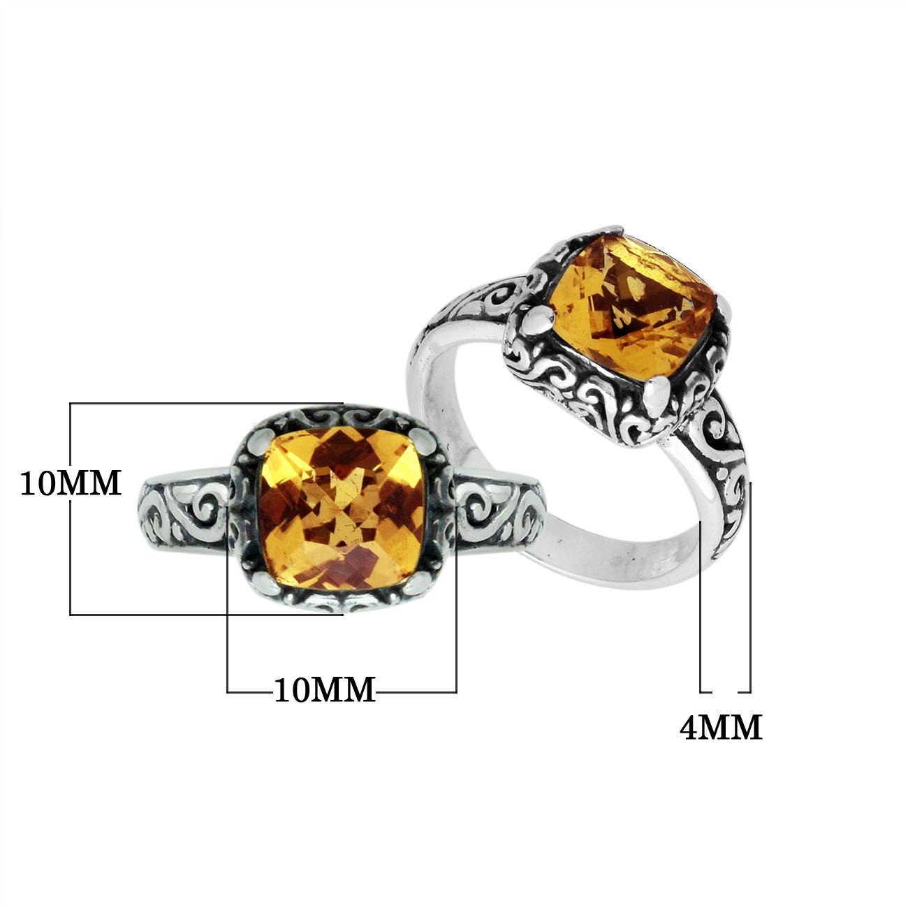 Sterling Silver cushion-cut Citrine Quartz faceted women’s ring with Balinese scroll detailing