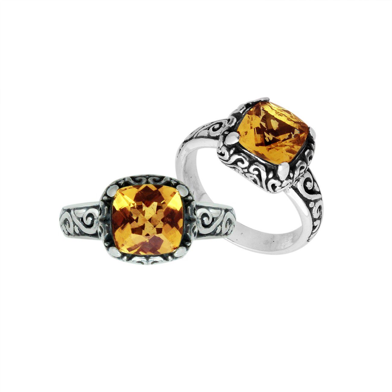 Sterling Silver cushion-cut Citrine Quartz faceted women’s ring with Balinese scroll detailing