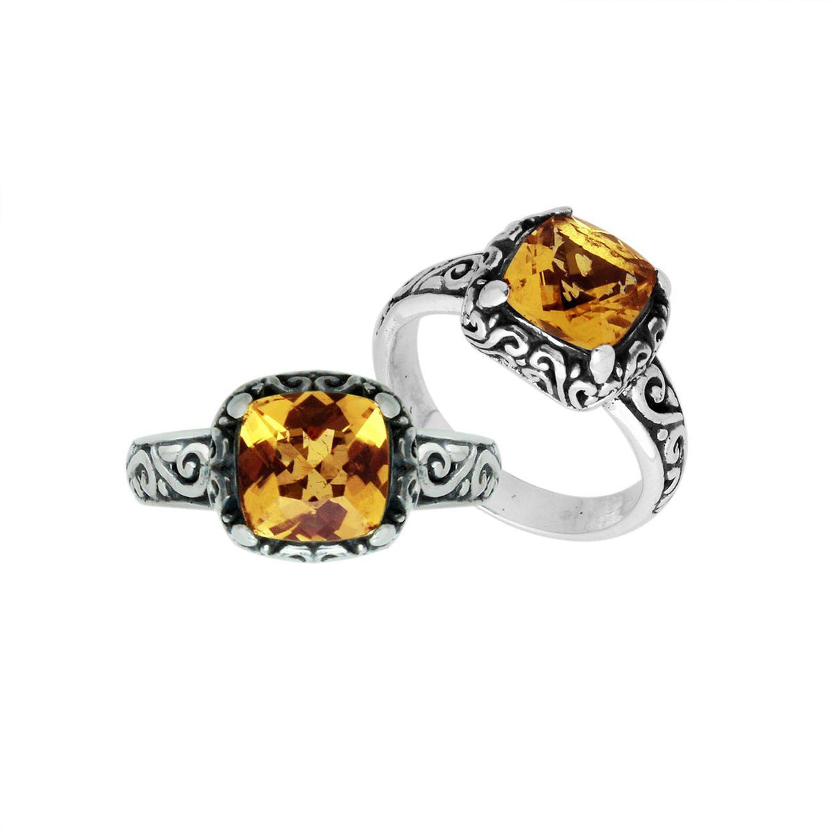 Sterling Silver cushion-cut Citrine Quartz faceted women’s ring with Balinese scroll detailing