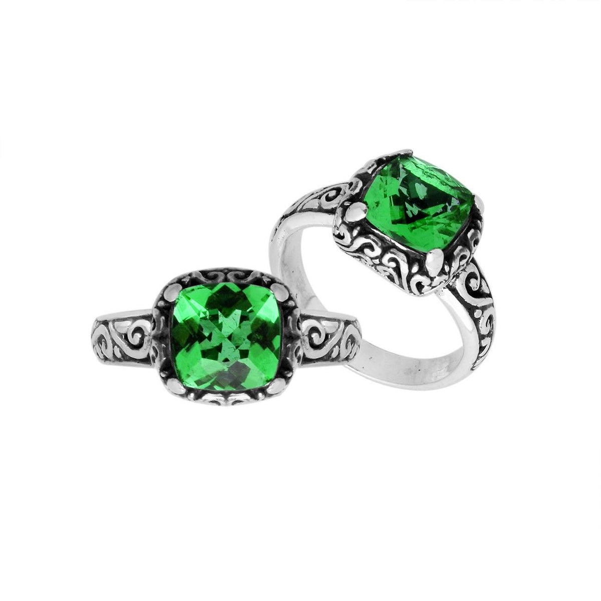 Sterling Silver cushion-cut Green Quartz faceted women’s ring with Balinese scroll detailing