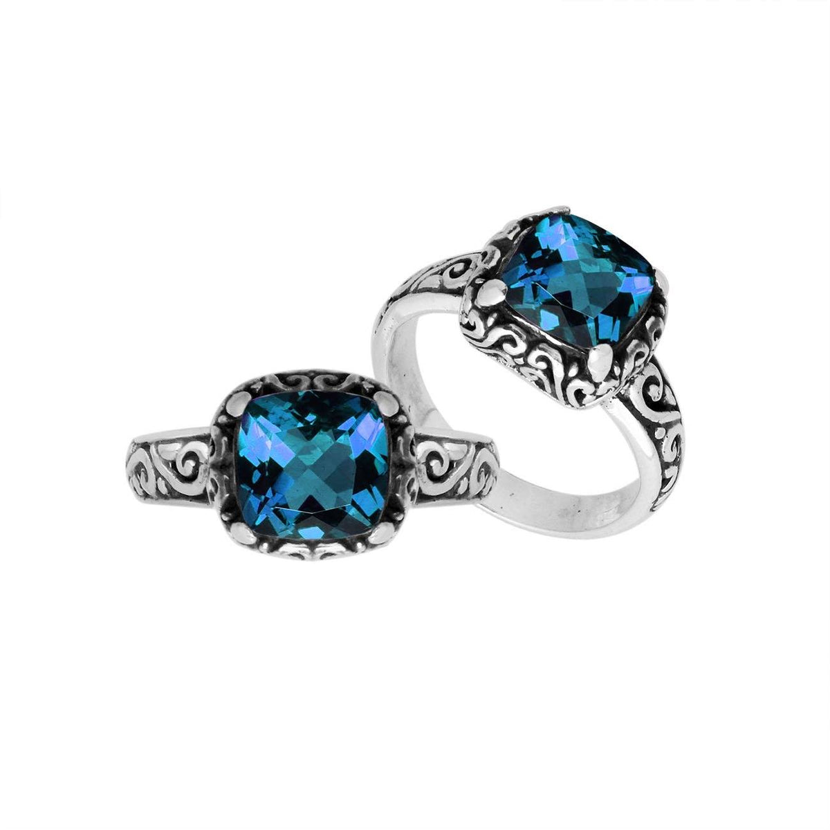 Sterling Silver cushion-cut London Blue Topaz Quartz faceted women’s ring with Balinese scroll detailing