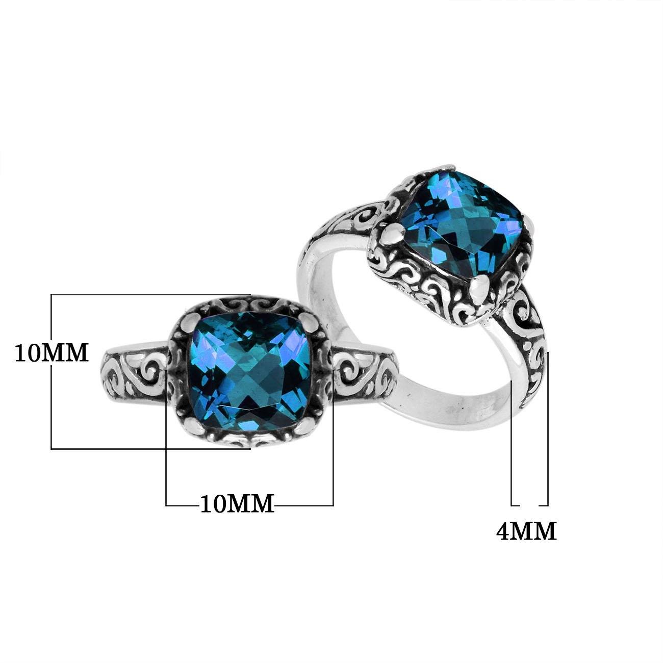 Sterling Silver cushion-cut London Blue Topaz Quartz faceted women’s ring with Balinese scroll detailing