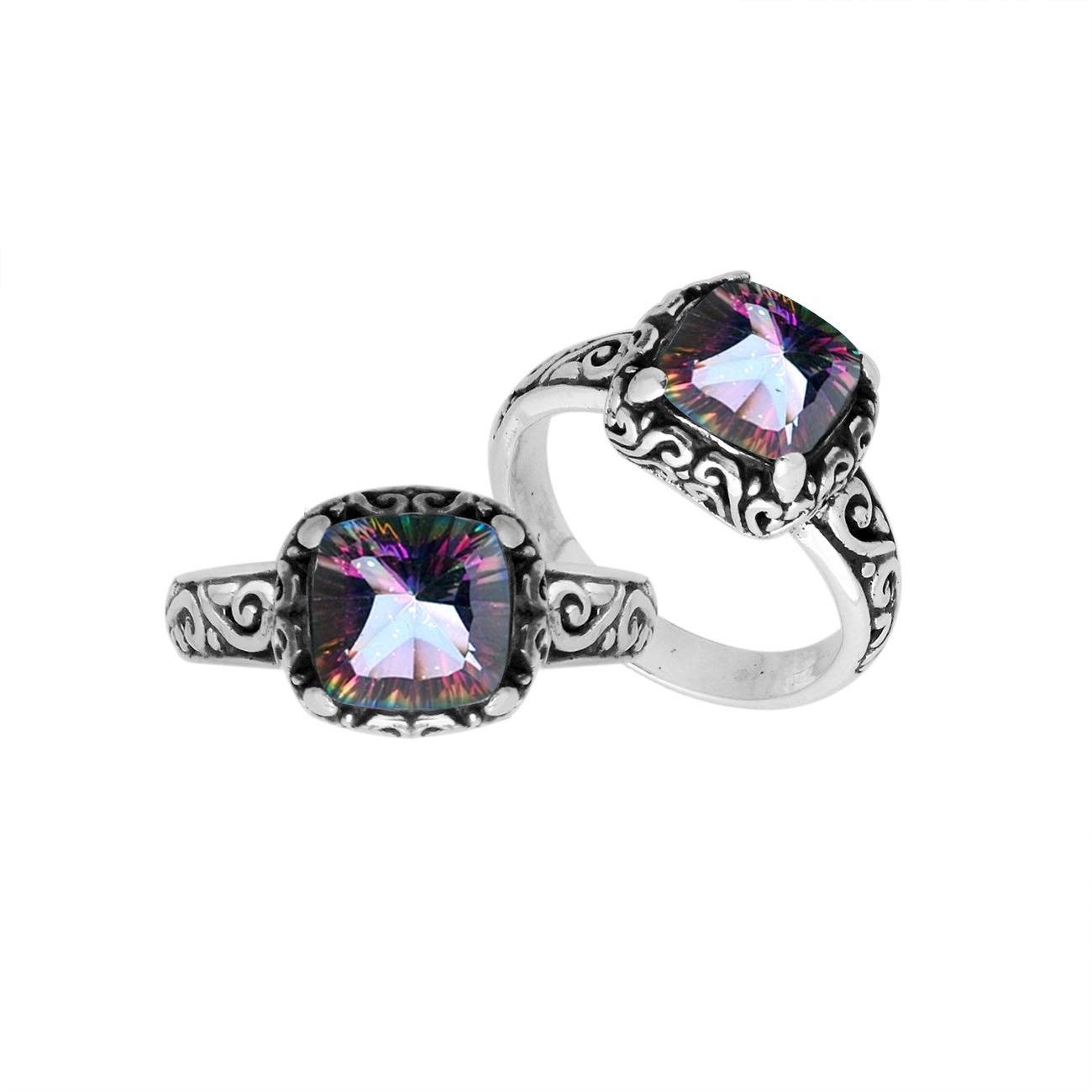 Sterling Silver Mystic Quartz cushion-cut faceted women’s ring with Balinese scroll detailing