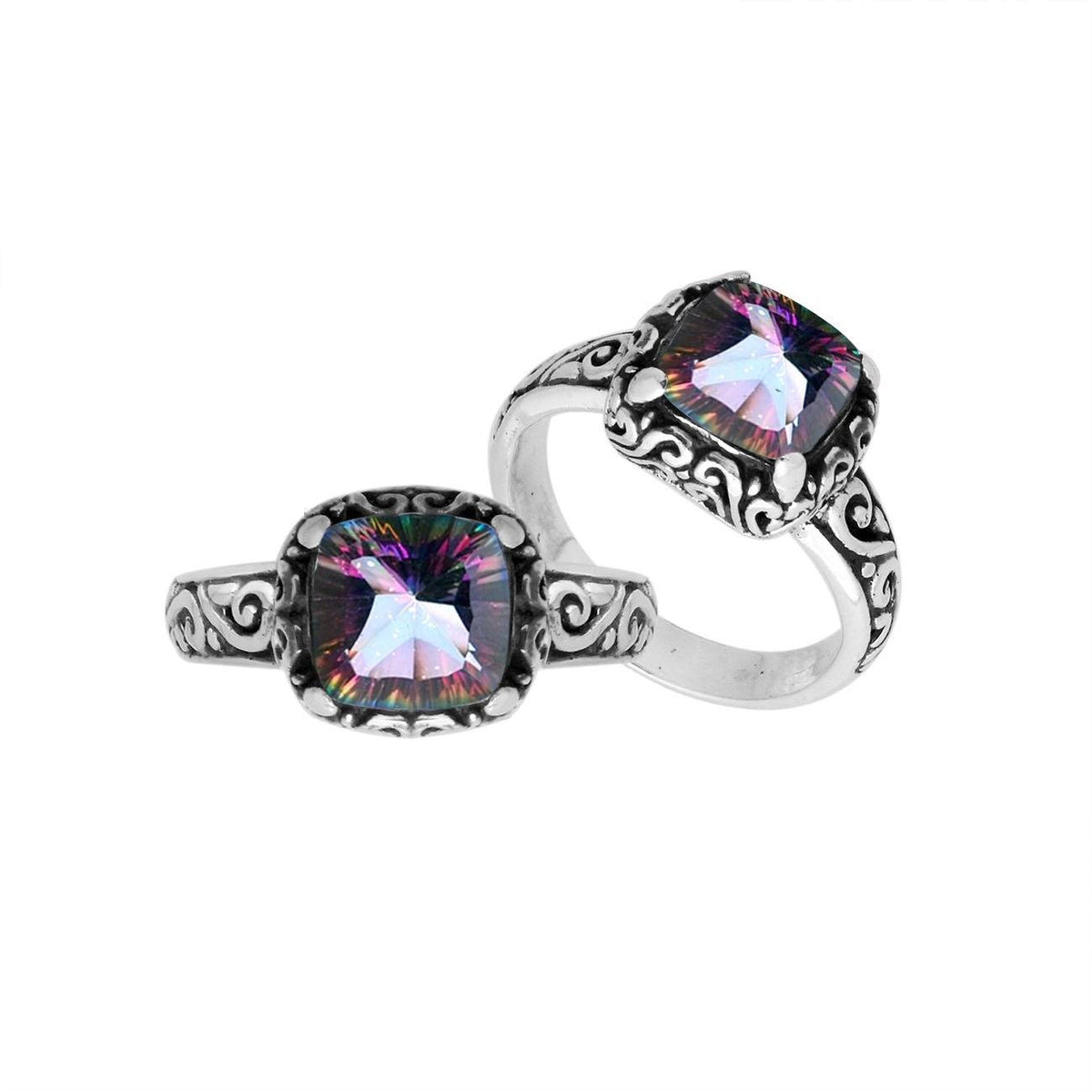 Sterling Silver Mystic Quartz cushion-cut faceted women’s ring with Balinese scroll detailing