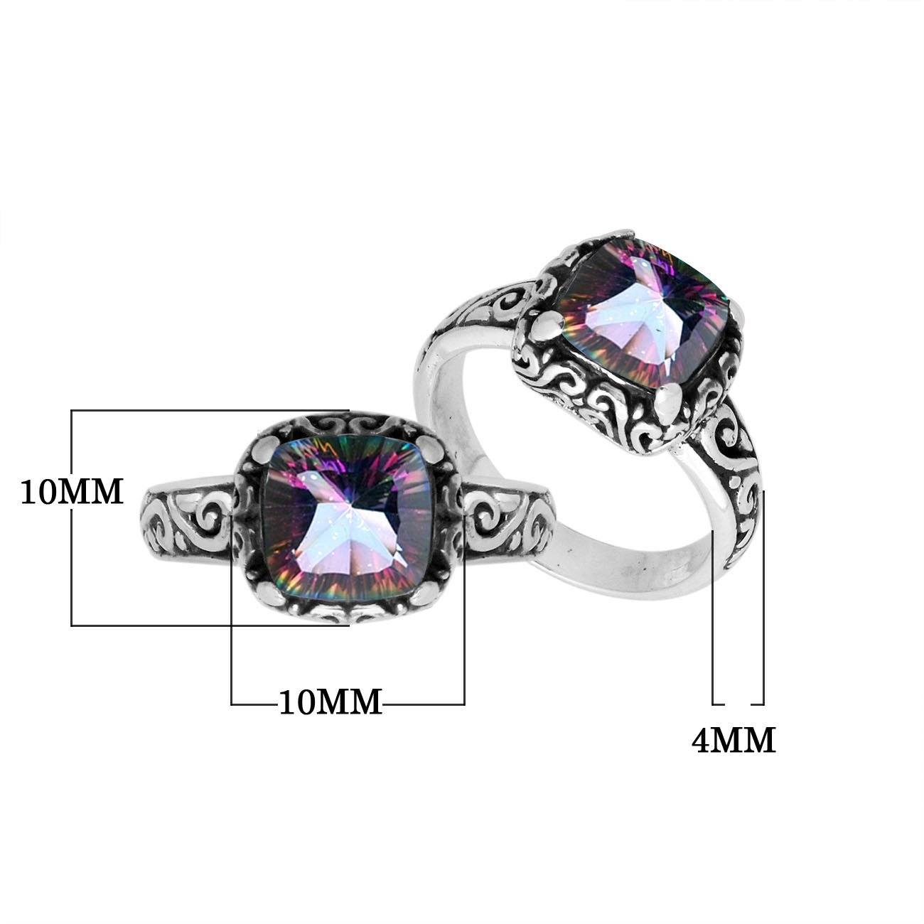 Sterling Silver Mystic Quartz cushion-cut faceted women’s ring with Balinese scroll detailing