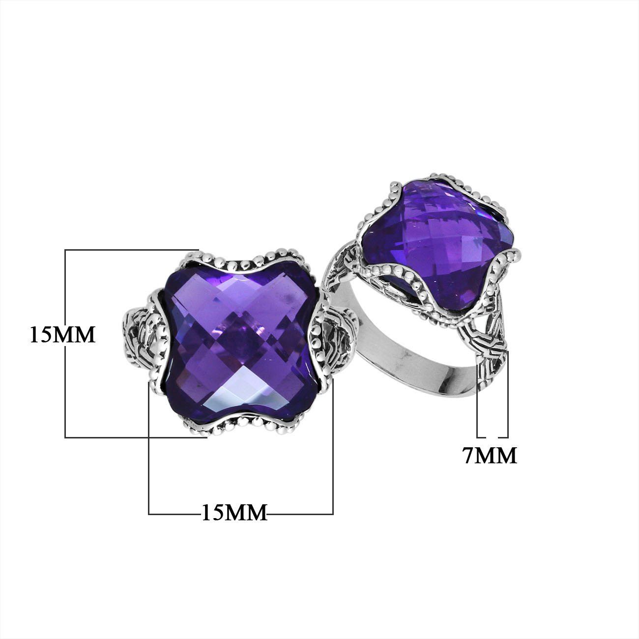Sterling Silver fancy cross-shaped Amethyst Quartz faceted women’s ring with bead edge and floral accents