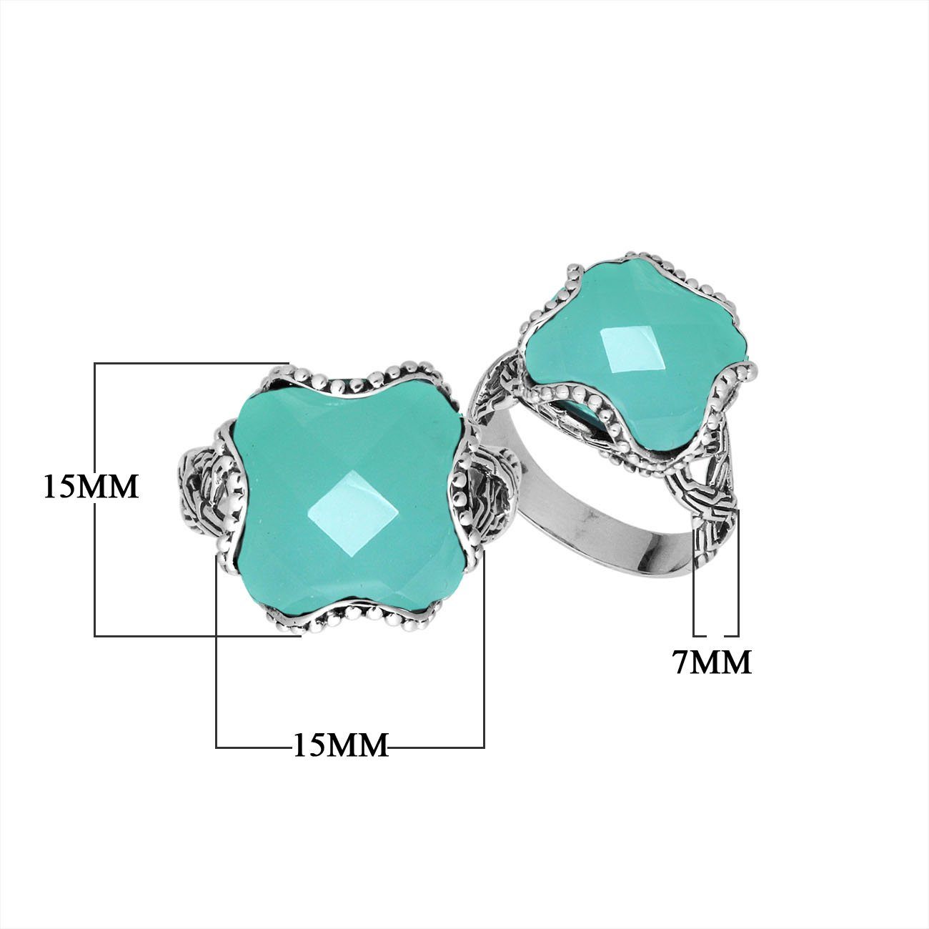 Sterling Silver Green Chalcedony Quartz fancy cross-cut faceted women’s ring with bead edge and floral accents