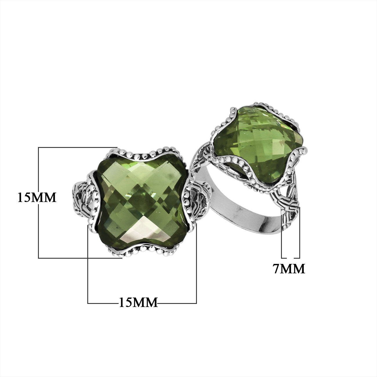 Sterling silver Green Amethyst Quartz cushion shape women’s ring with bead and floral accents