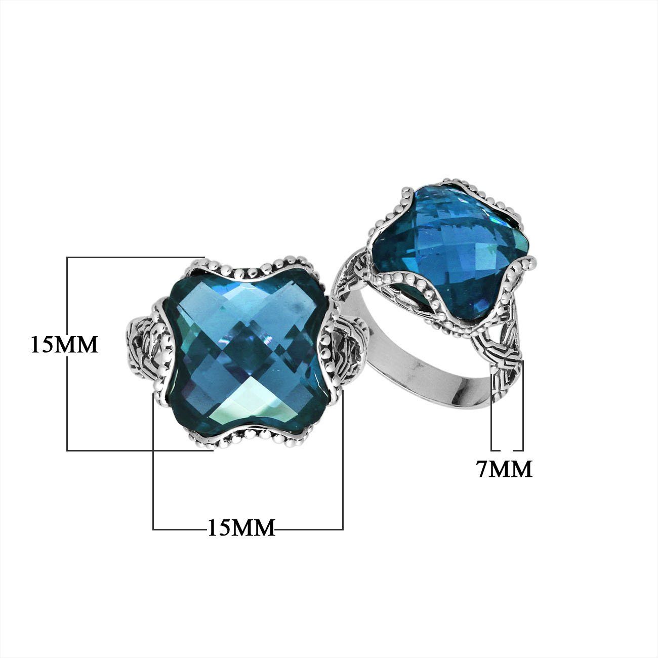 Blue Topaz Quartz Sterling Silver ring with cushion-cut stone and Balinese artisan design