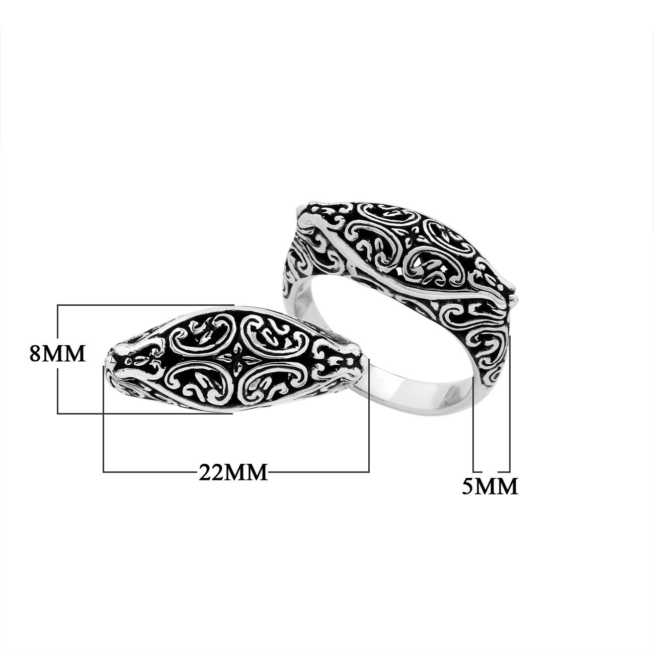 Handcrafted Sterling Silver oval ring with oxidized Balinese scroll detailing