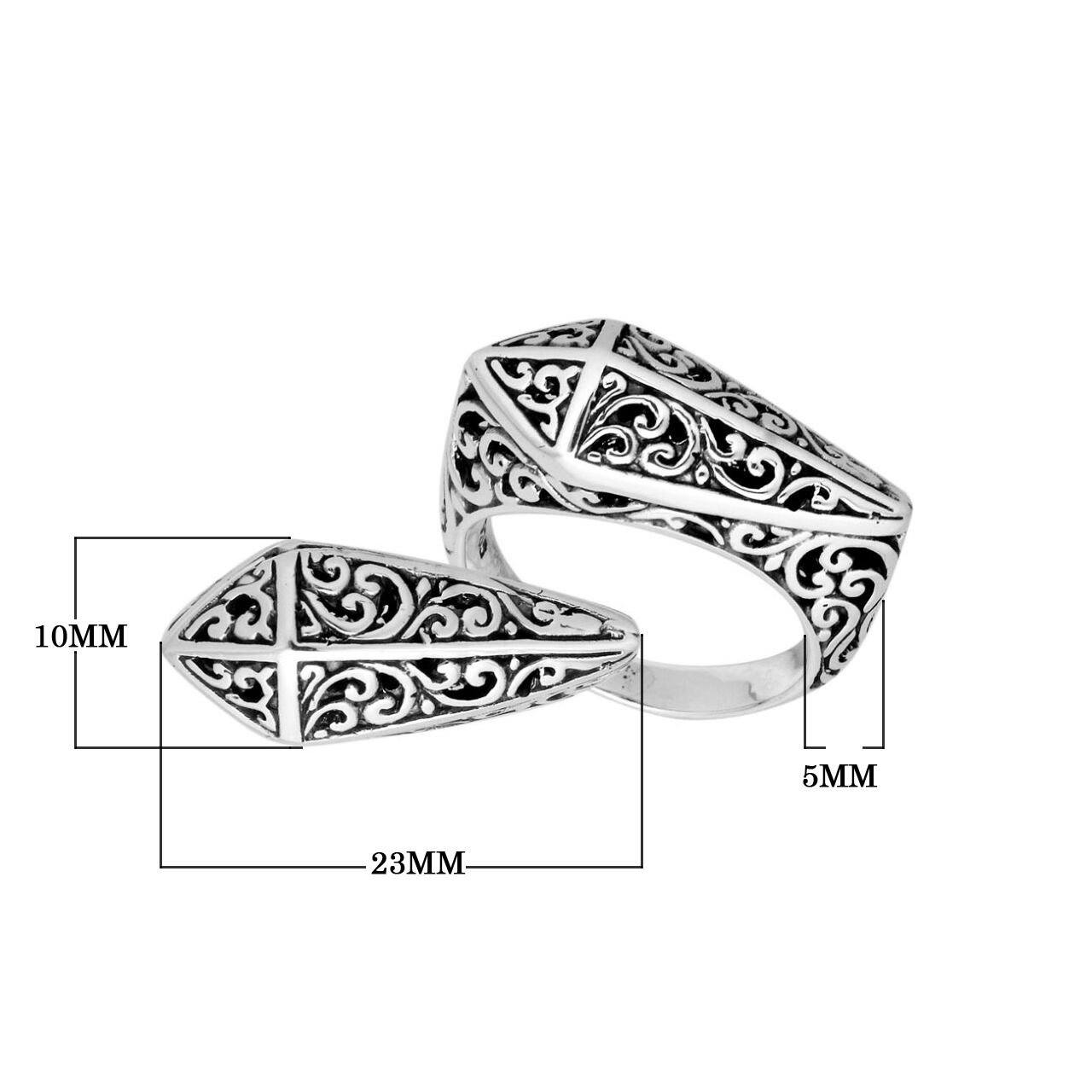 Handcrafted Sterling Silver shield ring with Balinese oxidized filigree design