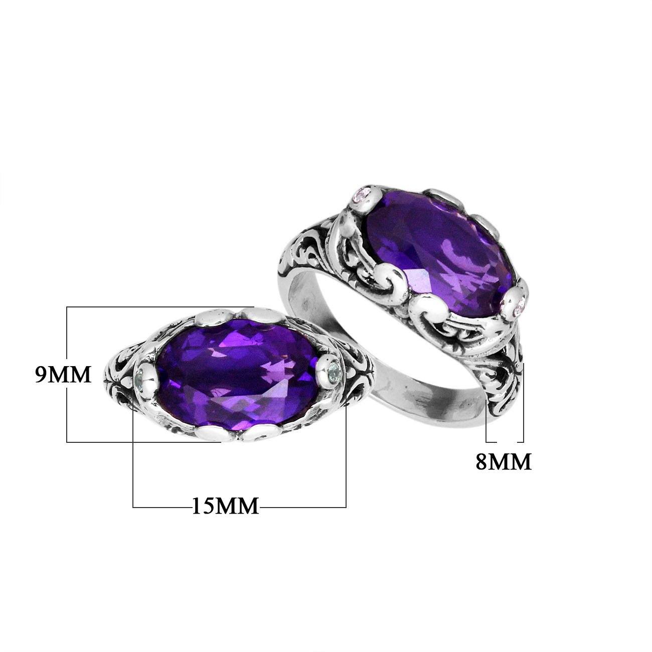 Handcrafted Sterling Silver oval shape Amethyst Quartz ring with Balinese scroll detailing