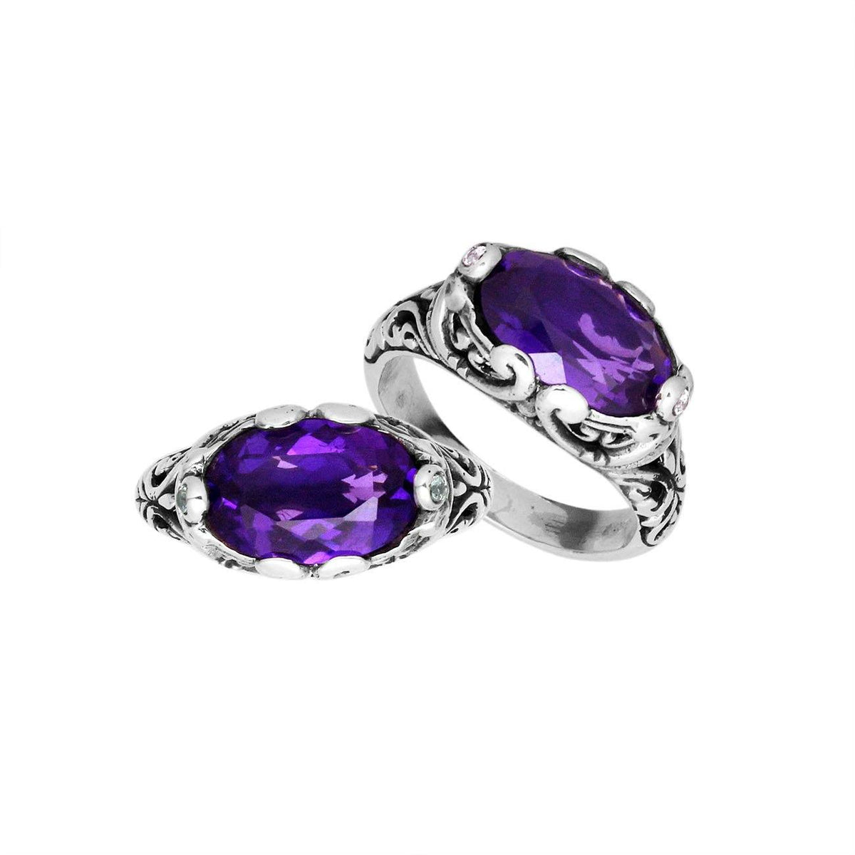 Handcrafted Sterling Silver oval shape Amethyst Quartz ring with Balinese scroll detailing