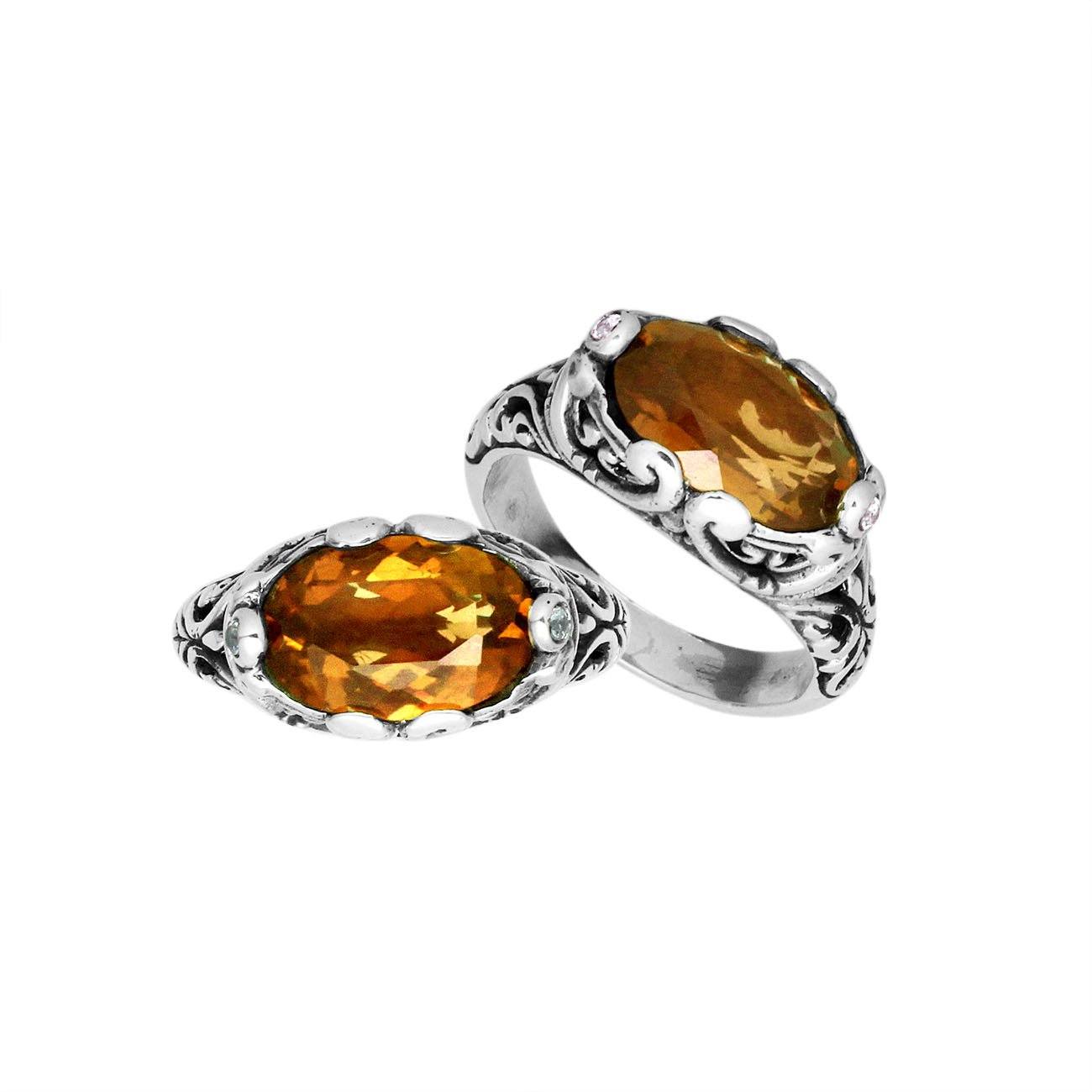 Handcrafted Sterling Silver ring Oval Shape Ring With Citrine Quartz and Balinese scroll detailing