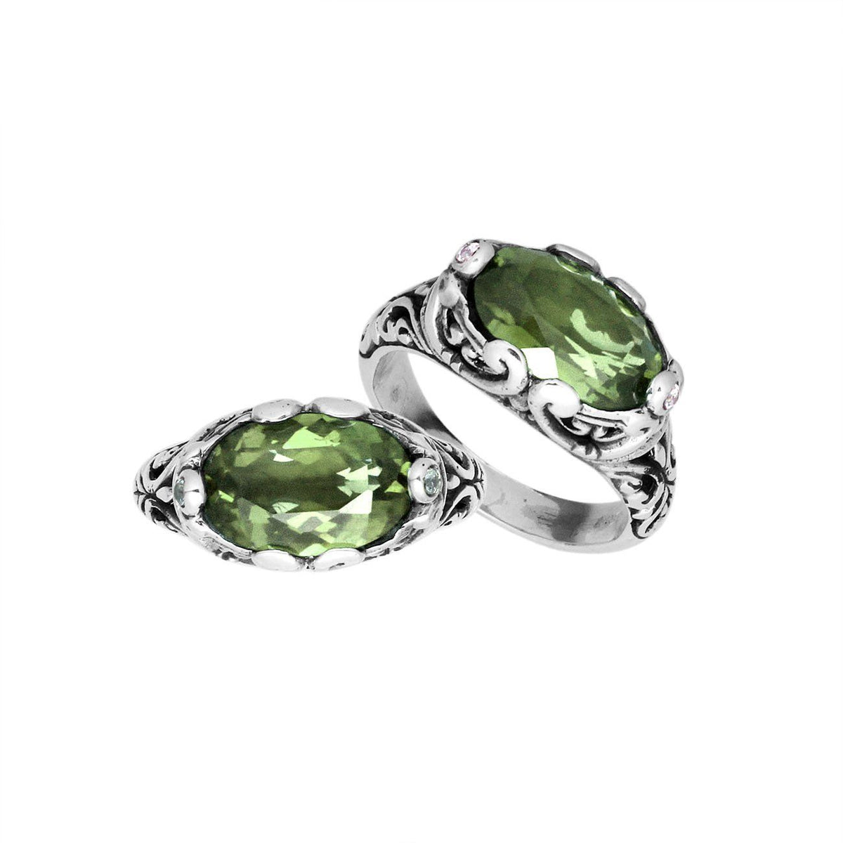 Handcrafted Sterling Silver ring with Green Amethyst Quartz and Bali scroll detailing