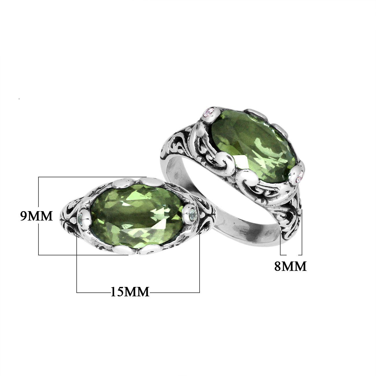 Handcrafted Sterling Silver ring with Green Amethyst Quartz and Bali scroll detailing