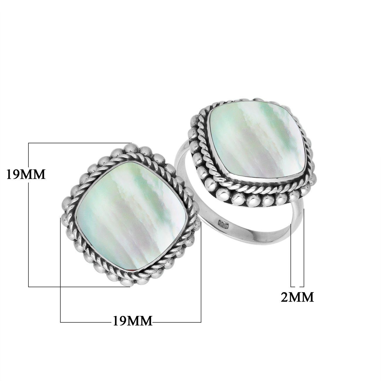 Handcrafted Sterling Silver ring with Mother of Pearl and Balinese rope beaded detailing