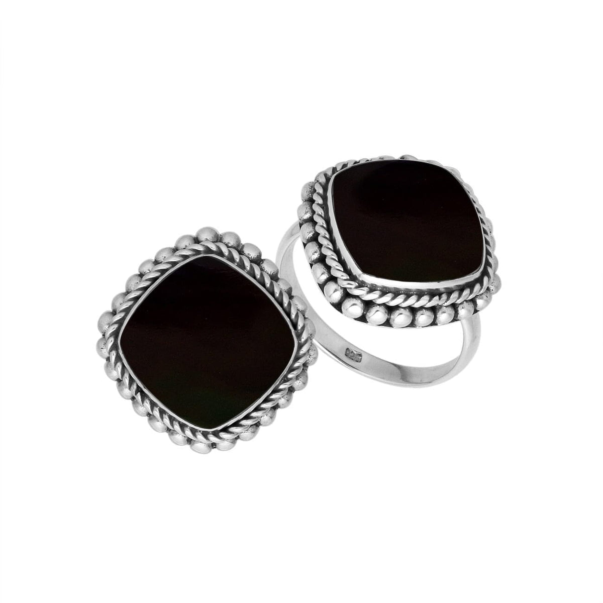 Handcrafted Sterling Silver ring with Black Shell and Balinese beaded rope detailing
