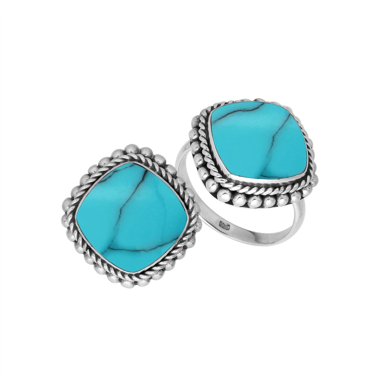 Handcrafted Sterling Silver Turquoise Quartz cushion ring with Balinese rope and beaded design
