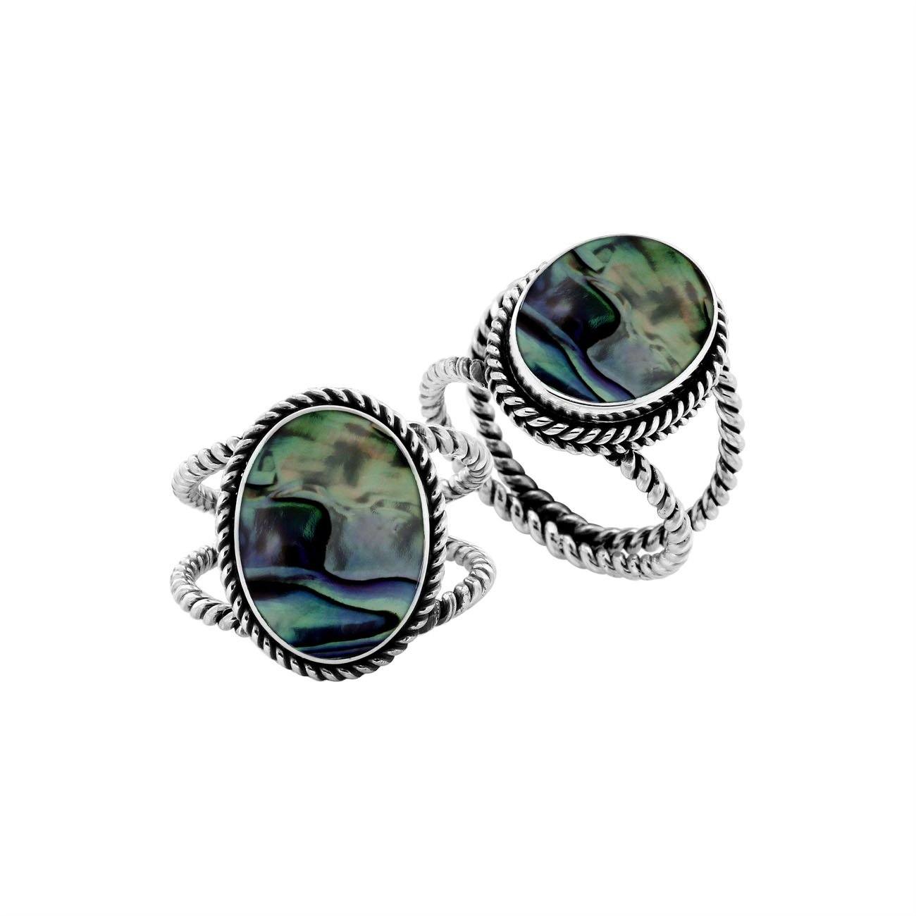 Handcrafted Sterling Silver oval shape ring with Abalone Shell and Balinese rope detailing