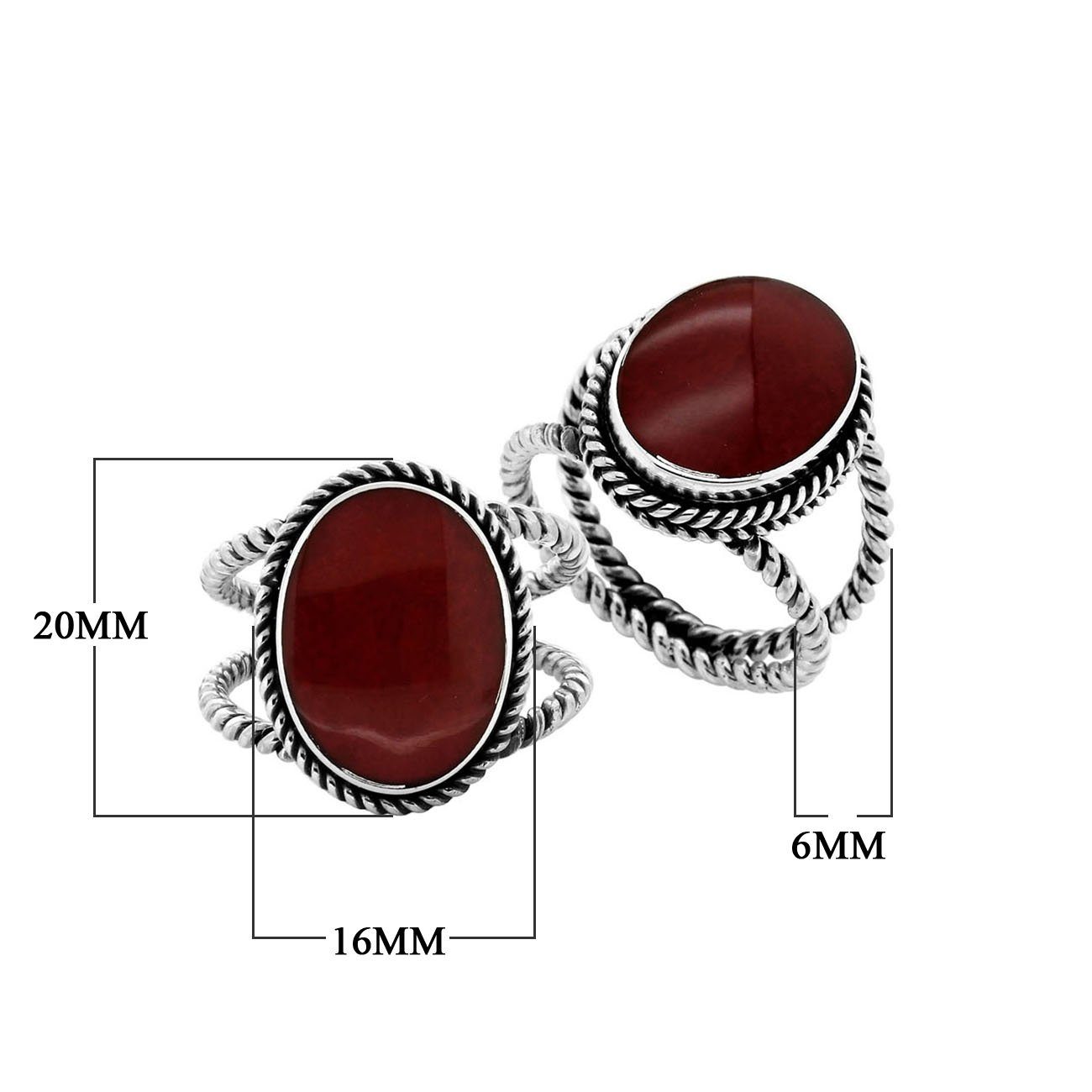 Handcrafted Sterling Silver oval shape ring with Red Coral and Bali rope detailing