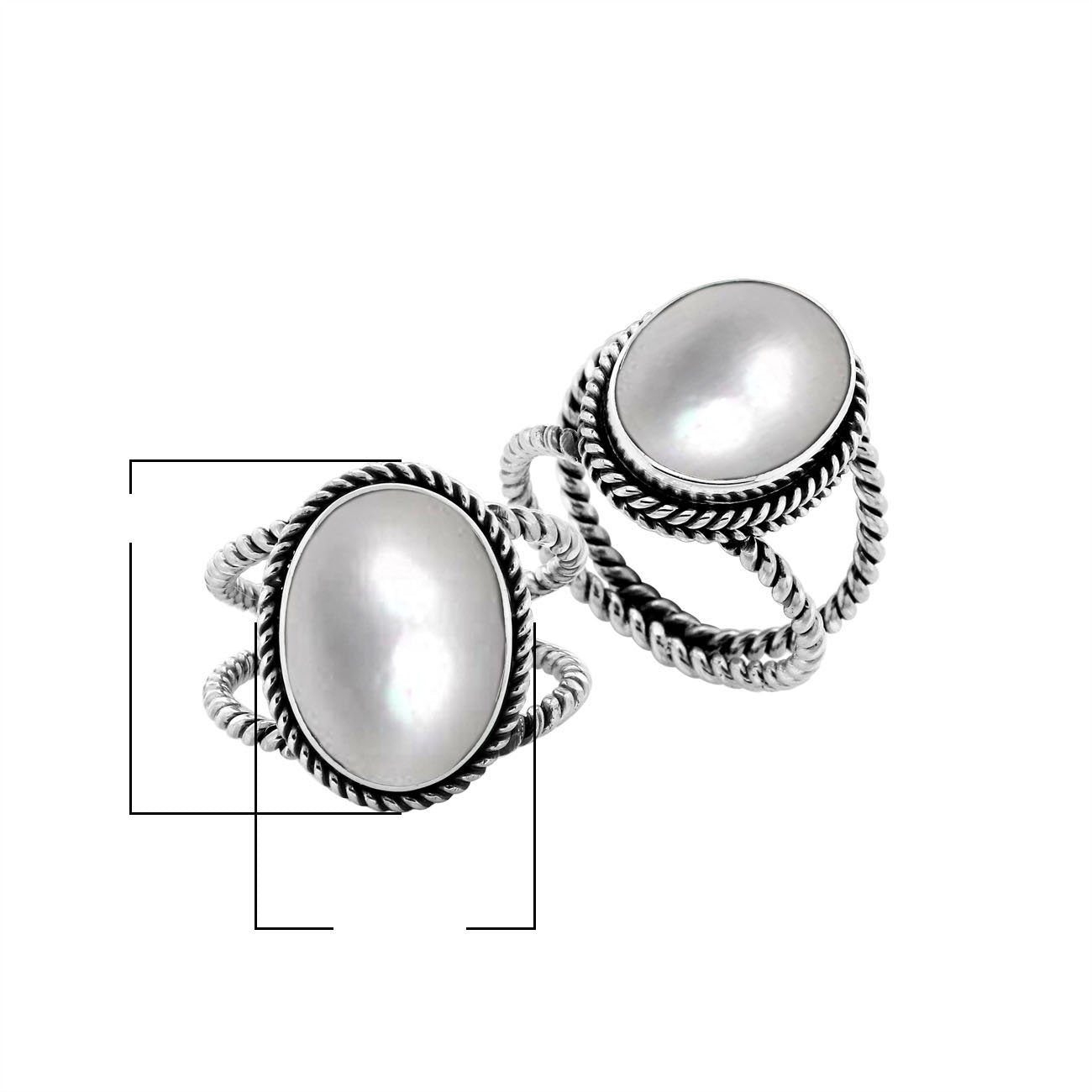Handcrafted Sterling Silver oval shape ring with White Mother of Pearl and twisted Bali rope design